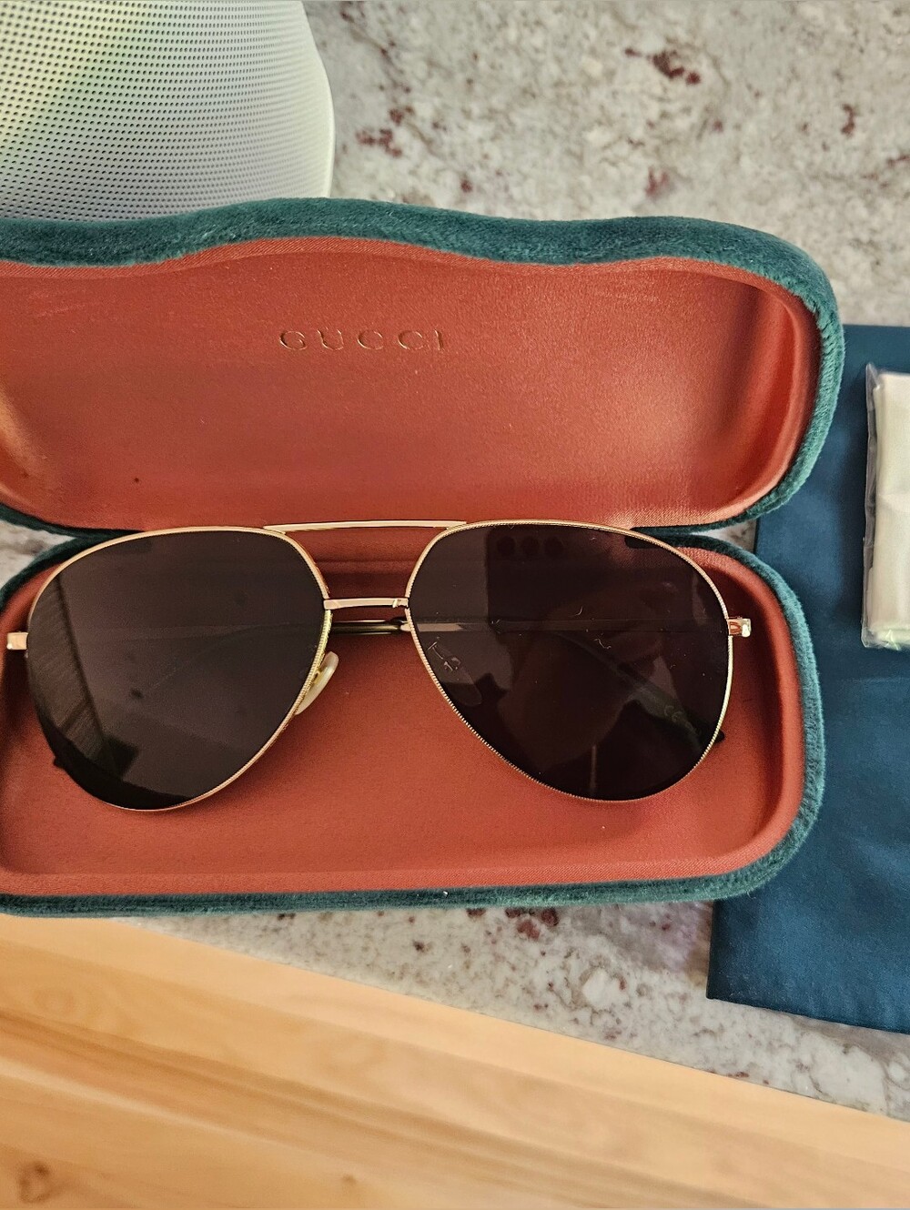 Gucci Gold Aviator Sunglasses with Dark Lenses.  New! Orig $605